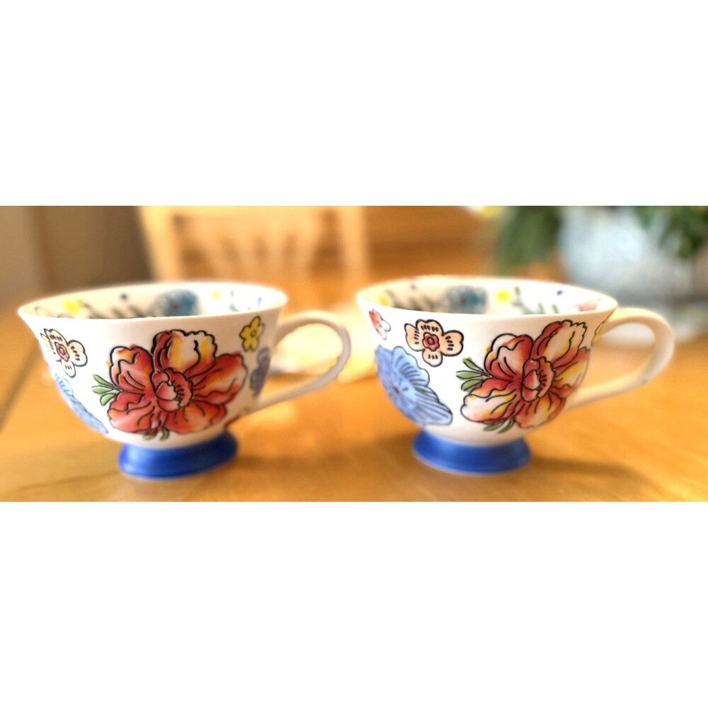 Lot of 2 Hand-Painted Garden Coffee Mug Cup 16 Oz Ceramic Footed Floral SH Home